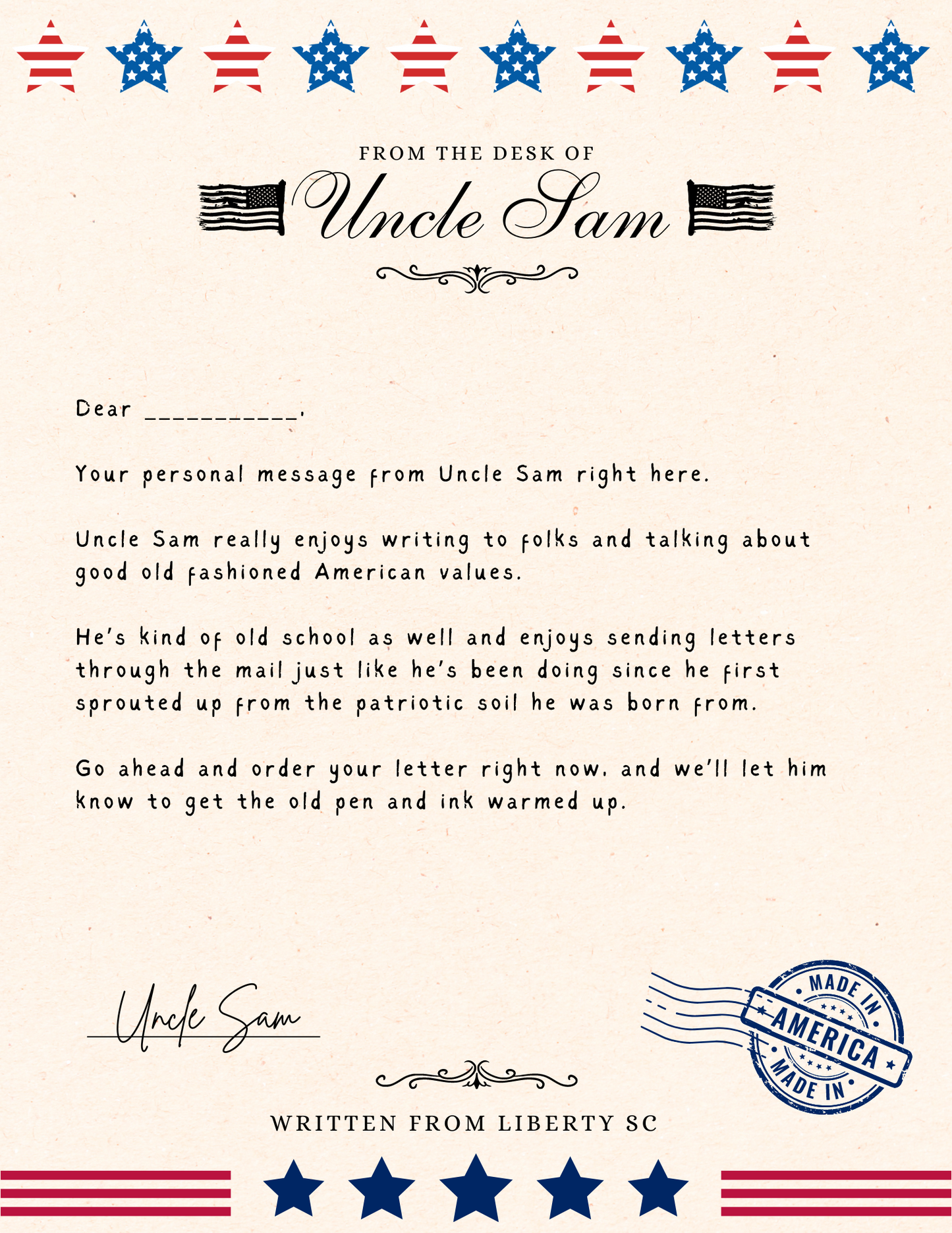 4th of July Letter from Uncle Sam